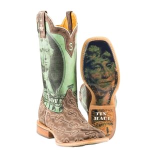 TIN HAUL men's "DEUCE" money themed square toe leather cowboy boot sz 13EE NWT
